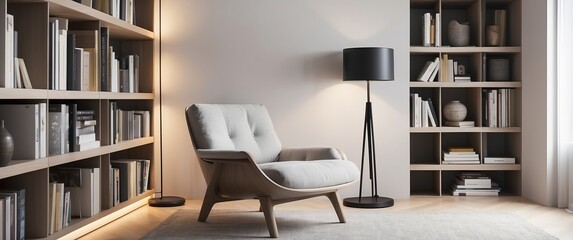 Modern and cozy reading nook with a comfortable chair, bookshelf, and lamp. Ideal for relaxation and home decor inspiration.