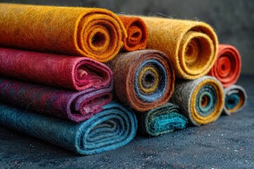 This image showcases a variety of brightly colored felt rolls neatly arranged, highlighting the texture and color options available for crafters.