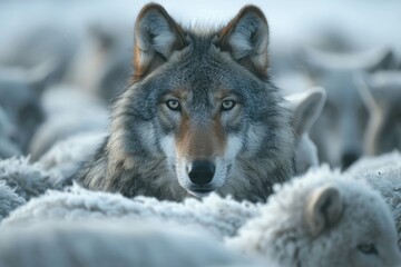 Fototapeta premium A wolf in sheep's clothing., almost indistinguishable within a flock of sheep, is captured in a moment of deceptive calmness in a rural pasture.