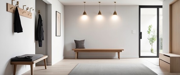 Modern minimalist entryway with coat rack, bench, and sleek lighting. Bright, spacious, and elegantly designed for a welcoming home atmosphere.