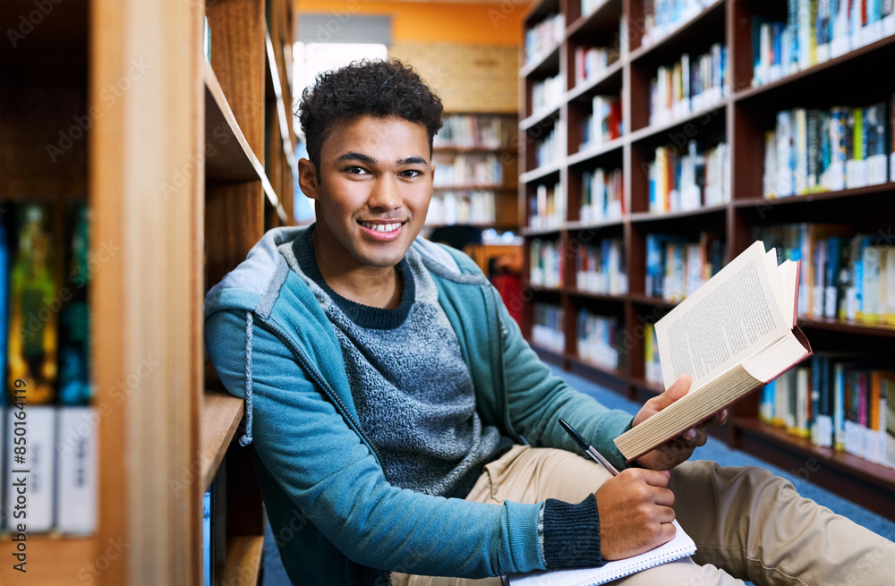 Poster student, man and portrait with learning in library for studying, scholarship or writing in book for 