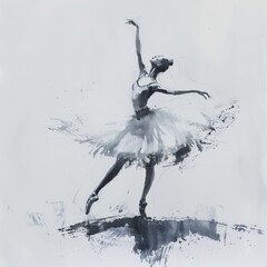 Tilted angle view of a ballerina in minimalist attire, dancing in an avant-garde style, clean white background, sharp shadows, watercolor brush strokes for a dreamy effect
