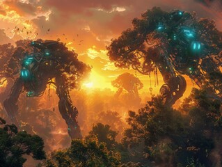 Wide-angle view of a vibrant fantasy forest infused with sleek