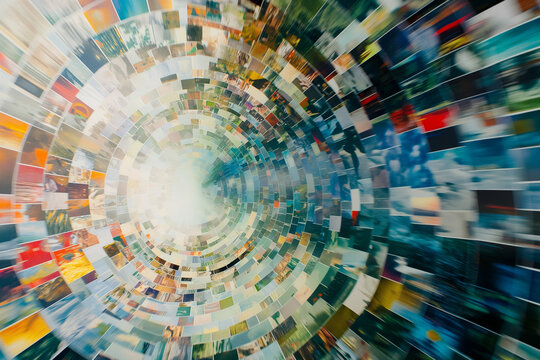 A dynamic spiral of photographs, creating a mesmerizing tunnel effect, symbolizing the endless journey through memories and moments captured in time