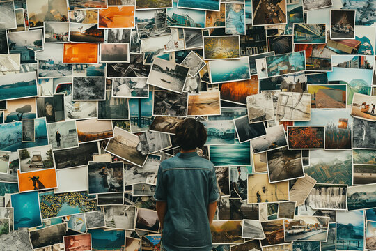 A person stands before a vast wall of photographs, representing a journey through memories, experiences, and the diverse stories captured in each image