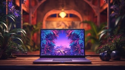 Neon lit gaming setup with advanced pc, game monitor, and stylish cooler for immersive experience