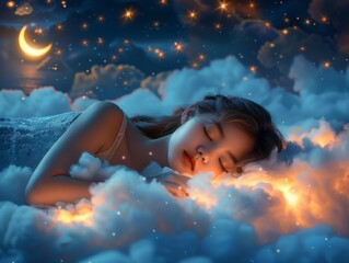 world sleep day. person peacefully sleeping amidst fluffy clouds, with stars twinkling above and a crescent moon casting its gentle glow.