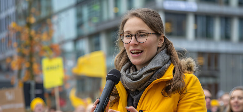 Climate activist woman speaking at outdoor event