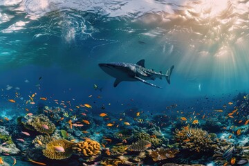 Fototapeta premium A large shark glides through the coral reef, surrounded by vibrant sea life
