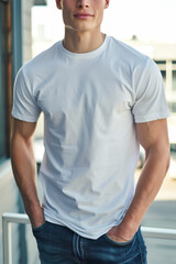 A confident young man in a white t-shirt, standing outdoors with hands in pockets, exuding a casual and stylish vibe, perfect for urban fashion themes