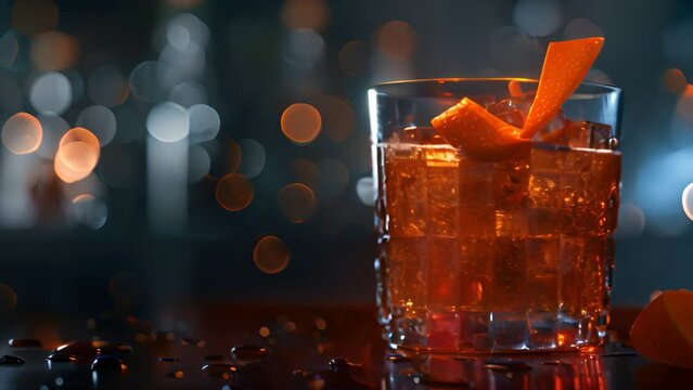 A classic cocktail made with whiskey, sugar and bitters, served with orange pee