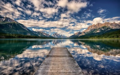 mountain lake with a rustic wooden dock extending into beautiful lake. Wooden pier with clear lake in the Alps in summer.