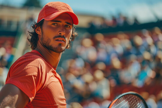 Focused tennis player in mid-game, wearing a red cap and shirt, with a crowd in the background. The intensity of the match is evident on his face.