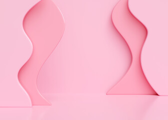 Empty pink pastel studio bg with floor and vertical wave decoration wall for product show. 3d render illustration of simple room podium background. Promotion scene with rose color wavy surface.