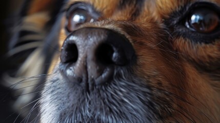 A close-up of a dog's nose and eyes. The dog has brown fur and dark brown eyes. Its nose is black and wet. The dog is looking at the camera.