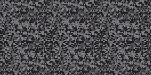 Abstract geometric black and gray background seamless mosaic and low polygon triangle texture wallpaper. Triangle shape retro wall grid pattern geometric ornament tile vector square element.