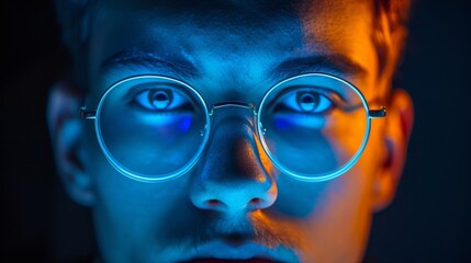 A man with glasses illuminated by a blue light source, creating a striking visual effect on his face