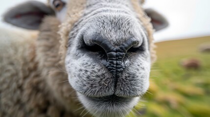 A close-up of a sheep's nose. The sheep is looking at the camera.