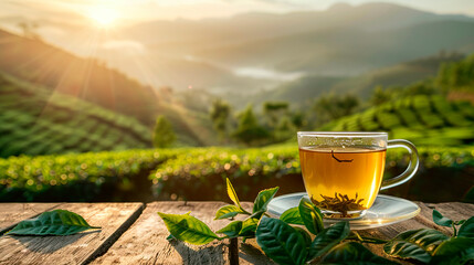Tea cup with green tea leaf on the wooden table and the tea plantations background