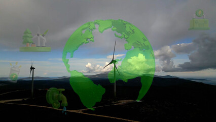 Alternative Energy. Wind farm. Aerial view of horizontal-axis wind turbines generating electricity Wind energy. Clean renewable energy technologies. Wind power plants. Animated visualization concept