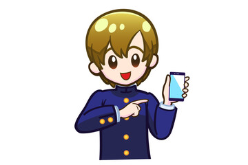 スマホを持って指を指す笑顔の男子学生