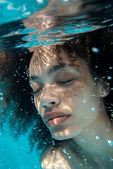 Underwater portraits of curly-haired women, underwater photography soft light and deep blue water create shadows. In fashion style fashion magazine cover editorial style with surrealistic style