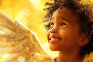 Fototapeta premium A young girl wearing angel wings on her head, in a whimsical and imaginative scene