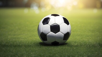 Obraz premium Soccer ball on green grass background, football background.