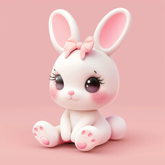 A cute bunny with big eyes and a bow, sitting on a pink background, exuding charm and sweetness, ideal for children's designs
