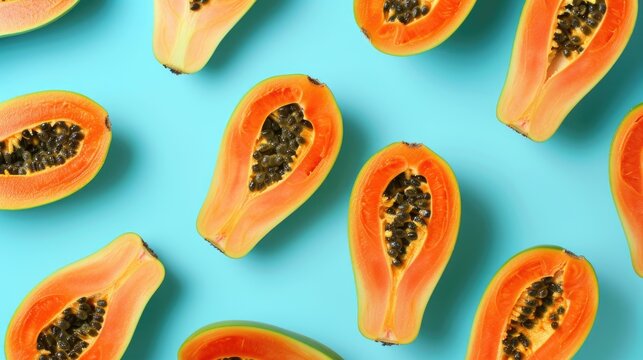 A group of papanas, cut in half and arranged on a blue surface