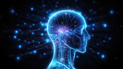 Simple HUD hologram of human nervous system, detailed yet minimalistic, blue glow