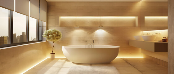 Simple beige bathroom, sleek design, bright lighting,