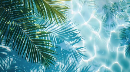 Palm leaves casting shadows on blue water, tropical leaf shadow surface, abstract summer vacation concept,