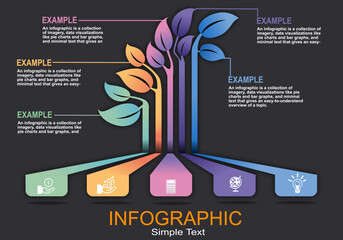 Modern style vector infographic with five steps showing a leaf-shaped bar at the end showing increasing growth for presentations on education, finance, banking, management, planning.