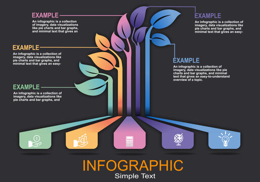 Modern style vector infographic with five steps showing a leaf-shaped bar at the end showing increasing growth for presentations on education, finance, banking, management, planning.