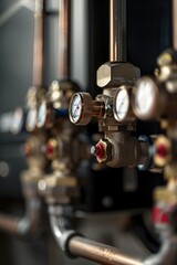 Close-up shot of multiple pipes with various gauges and instruments installed, suitable for industrial or technical context