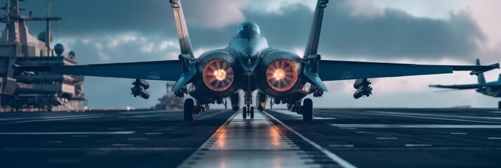 A jet with afterburners ignited preps for takeoff on an aircraft carrier deck in the evening.