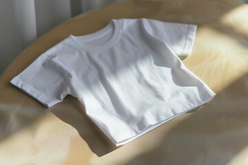 A person wearing a white T-shirt sits on top of a bed, possibly getting ready for the day or lounging