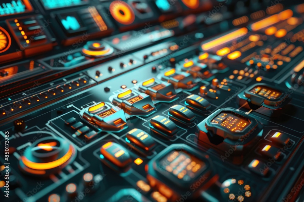 Poster a close-up view of a control board with multiple buttons, suitable for use in technical or industria