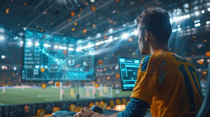 Man analyzing live sports data on a laptop in a stadium during a soccer game, surrounded by digital interfaces and LED screens.