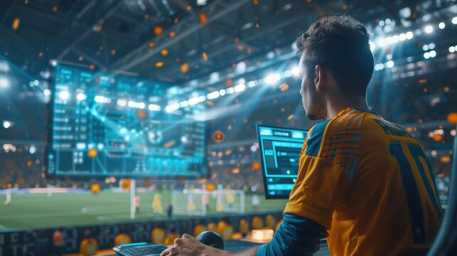 Man analyzing live sports data on a laptop in a stadium during a soccer game, surrounded by digital interfaces and LED screens.