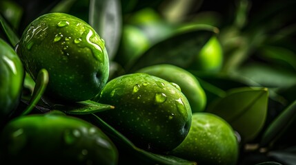 Obraz premium Close-up view of fresh, green olives with dew drops on leaves.
