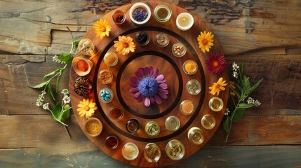 Structured arrangement of holistic health essentials in a concentric grid for depth