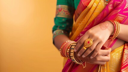 Hands close-up with rakh bracelet. Traditional Indian decoration, gift, amulet. Rakha. Raksha Bandhan. Religious holiday of Hindus. Celebration
