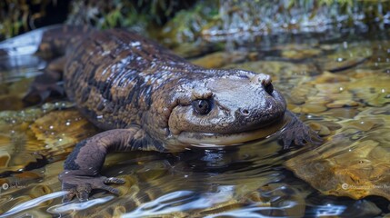 A large salamander with a wrinkled face and a long, flat tail is sitting in a stream. Its skin is mostly brown, with some lighter patches.