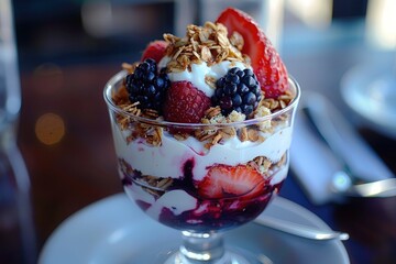 A beautifully arranged breakfast parfait with layers of yogurt, granola, and berries