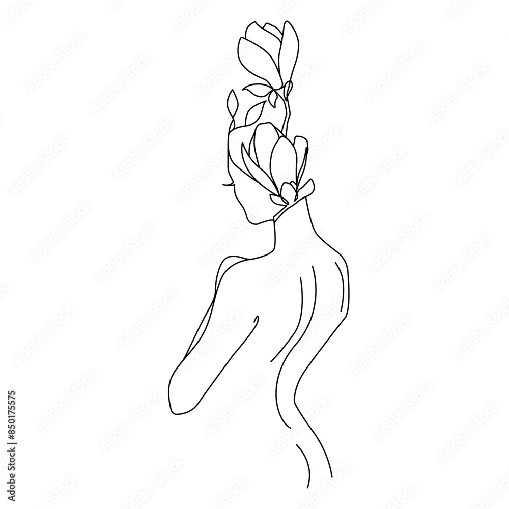 Wall mural elegant female silhouette with flowers line art drawing. woman fashion minimal trendy illustration. 