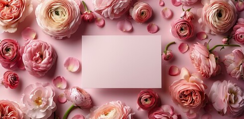 Pink and White Ranunculus Flowers Surrounding a Blank Card