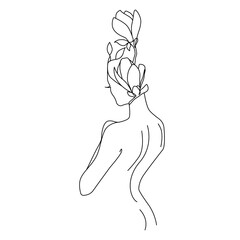 Elegant Female Silhouette with Flowers Line Art Drawing. Woman Fashion Minimal Trendy Illustration. Woman Body with Flowers Minimal Line Drawing for Wall Art, Home Decor, Fashion Art. Vector EPS 10