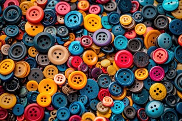Fototapeta premium Colorful Assortment of Sewing Buttons in Blue, Yellow, and Red Hues